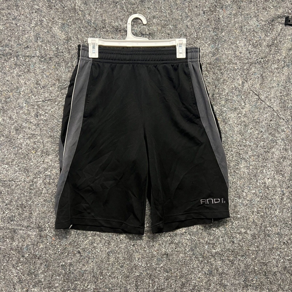 AND1 Mens Small Black Gray Basketball Shorts Elastic Waist Athletic Activewear